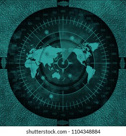 Abstract digital radar screen with world map, targets and circuit board elements of teal shades on dark background