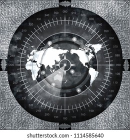 Abstract digital radar screen with world map, targets and circuit board elements of black, white, and gray shades