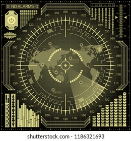 Tela de radar digital abstrata com mapa mundial, alvos e interface de usuário futurista de verde. Sistema de busca militar.