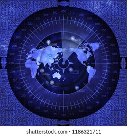 Abstract digital radar screen with world map, targets and circuit board elements of blue shades on dark background