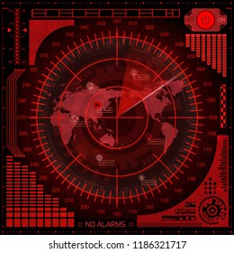 Abstract digital radar screen with world map, targets and futuristic user interface of red shades