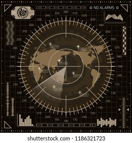 Abstract digital radar screen with world map, targets and futuristic user interface of brown, beige, and black shades