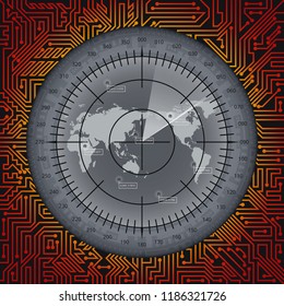 Abstract digital radar screen with world map, targets and circuit board elements of gray, red, orange and yellow shades on dark background