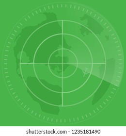 Abstract digital radar screen with world map and targets green background. Vector illustration