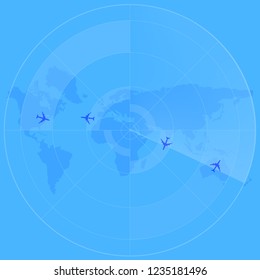 Abstract digital radar screen with world map and targets blue background. Vector illustration