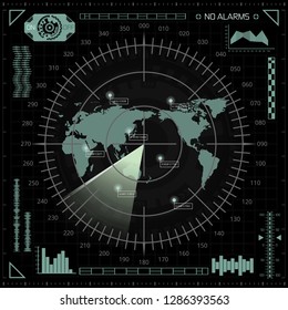 Abstract digital radar screen with world map, targets and circuit board elements of black and gray shades. Technology backdrop