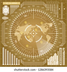 Abstract digital radar screen with world map, targets and futuristic user interface of beige and white shades