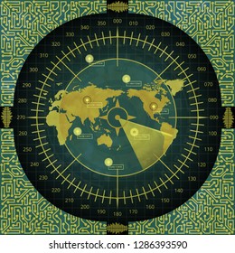 Abstract digital radar screen with world map, targets and futuristic user interface of golden and blue shades. Military search system.