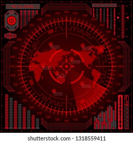 Abstract digital radar screen with world map, targets and futuristic user interface of red and gray shades. Military search system.