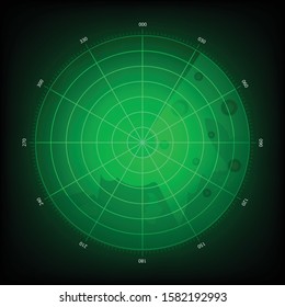 Abstract digital radar screen with world map, targets and futuristic user interface of green shades on dark background