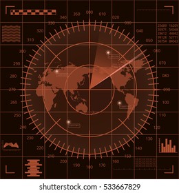 Abstract digital radar screen with world map, targets and futuristic user interface of chocolate shades