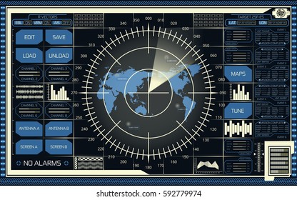 Abstract digital radar screen with world map, targets and futuristic user interface of blue and beige shades on dark background