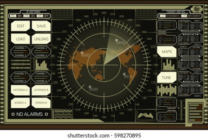 Abstract digital radar screen with world map, targets and futuristic user interface of green, white and brown shades on dark background