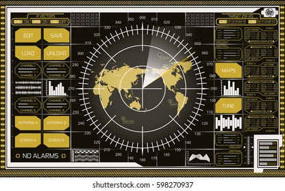 Abstract digital radar screen with world map, targets and futuristic user interface of white and yellow shades on dark background