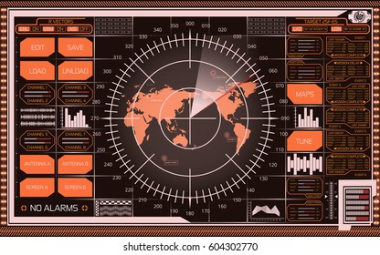 Abstract digital radar screen with world map, targets and futuristic user interface of orange, white, red and yellow shades on dark background