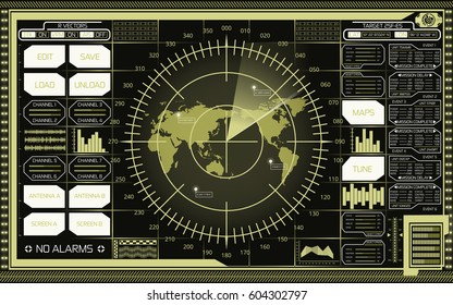 Abstract digital radar screen with world map, targets and futuristic user interface of green and white shades on dark background