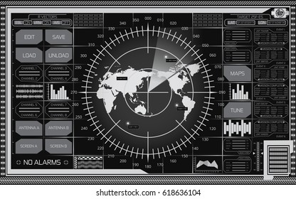 Abstract digital radar screen with world map, targets and futuristic user interface of black, grey, and white shades