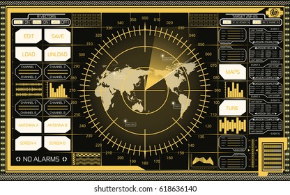 Abstract digital radar screen with world map, targets and futuristic user interface of yellow, beige, and white shades