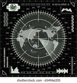 Abstract digital radar screen with world map, targets and futuristic user interface of black, grey, and white shades