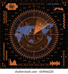 Abstract digital radar screen with world map, targets and futuristic user interface of orange and blue shades on dark background
