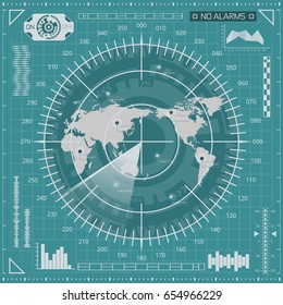 Abstract digital radar screen with world map, targets and futuristic user interface of blue, white, and gray shades