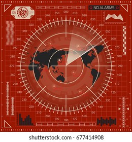 Abstract digital radar screen with world map, targets and futuristic user interface of red, black, and beige shades