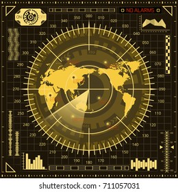 Abstract digital radar screen with world map, targets and futuristic user interface of brown and yellow shades