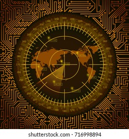 Abstract digital radar screen with world map, targets and circuit board elements of orange and yellow shades on dark background