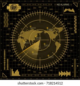 Abstract digital radar screen with world map, targets and futuristic user interface of yellow shades on dark background
