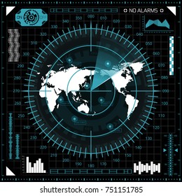 Abstract digital radar screen with world map, targets and futuristic user interface of black, blue, and white shades