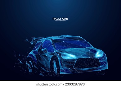 Abstract digital Rally sport car in motion. High speed concept. Auto sport vector illustration. Polygonal technology vector illustration on dark blue background. Auto rally poster