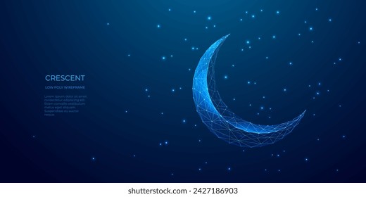 Abstract digital Ramadan moon on night starry sky background. Blue technology crescent consists of connected glowing dots and thin lines. Islamic moon. Holy Aid. Low poly wireframe vector illustration