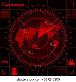 Abstract digital red radar screen with world map, targets and futuristic user interface on black background