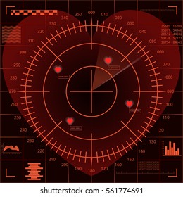 Abstract digital red radar screen of heart shape with targets and futuristic user interface on dark background. Valentine's Day backdrop