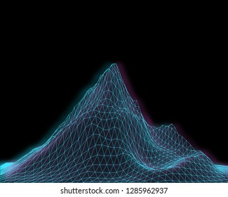 Abstract digital relief in a wireframe style on a black background. Retro futuristic vector illustration of a light grid landscape.
