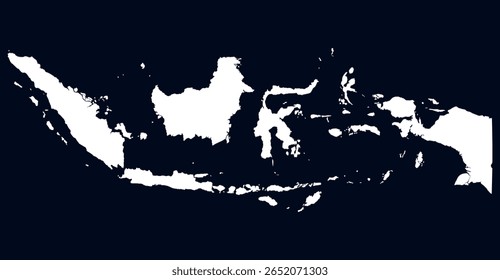 Uma renderização digital abstrata retrata um mapa branco da Indonésia sobre um fundo escuro da marinha, mostrando a forma única do arquipélago com contornos de ilhas nítidos e contraste claro