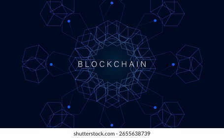 Representación digital Abstractas de la tecnología blockchain, con Formas geométricas interconectadas y nodos que ilustran la integridad y seguridad de los datos.