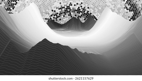 Abstract digital representation of a surface with a 3D wireframe grid pattern, showcasing peaks and valleys resembling terrain. A large, semi-transparent sphere with a dotted texture adds a futuristic