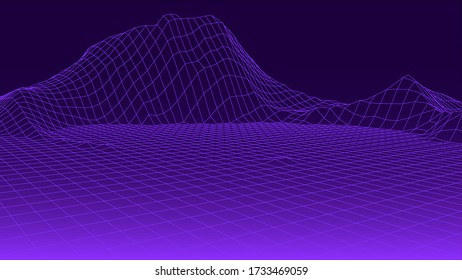 Resumen del panorama del wireframe poligonal digital retro digital. Antecedentes retro estilo futurista de los años 80. Ilustración de malla vectorial rosa sobre fondo oscuro.