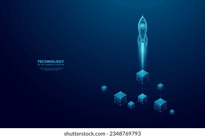 Abstract digital rocket launch over linked blocks on blue technology background. Futuristic cryptocurrency concept. Low poly wireframe vector illustration. Spaceship in polygonal modern style.