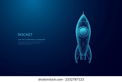 Abstract Digital Rocket on Technology Blue Background. Futuristic Spaceship consists of polygons, connected dots, thin lines, and glowing circles. Low Poly Wireframe Vector Illustration with 3D effect