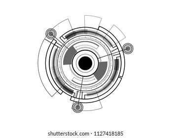 Abstract digital screen black and white, Scientific futuristic interface. with square, line, circle and Dashed lines isolated on white background. Vector illustration. 