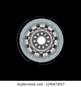 Abstract digital screen blue, grey, black and white, Scientific futuristic interface. with square, line, circle, dot, ring and dotted isolated on black background. Technology vector. 