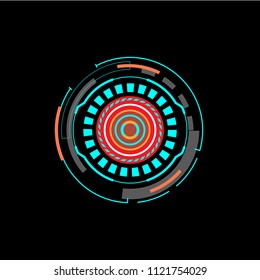 Abstract digital screen blue, orange, grey, black and white, Scientific futuristic interface. with square, line, circle and dots isolated on black background. Technology vector illustration.  