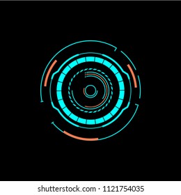 Abstract digital screen blue, orange, and black. Scientific futuristic interface. with square, line, circle and Dashed lines  isolated on black background. Technology vector illustration.  