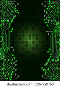Abstract digital screen, grid lines elements scientific futuristic interface, with shapes circle, lines, dots and square circuit board on dark green background. Vector illustration 