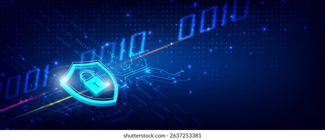 Abstract digital security shield with padlock icon on blue background, cyber protection technology, online safety, data privacy concepts. AI-powered digital storm protection. Cybersecurity threats.