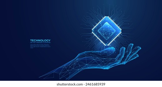 Abstract digital semiconductor hologram in technology hand. Humanoid hand holding computer chip. AI innovation concept. Tech bg. Artificial Intelligence Science background. 3D vector illustration.