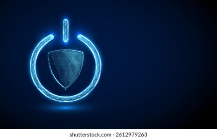 Abstract digital shield inside a power button icon. Security activation and data protection concept. Futuristic technological low poly style. Geometric wireframe connection structure. Vector graphic.