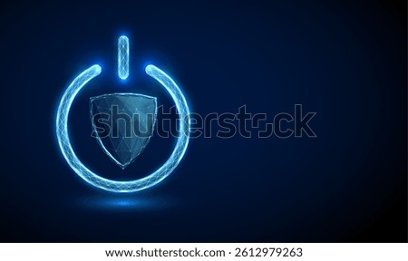 Abstract digital shield inside a power button icon. Security activation and data protection concept. Futuristic technological low poly style. Geometric wireframe connection structure. Vector graphic.